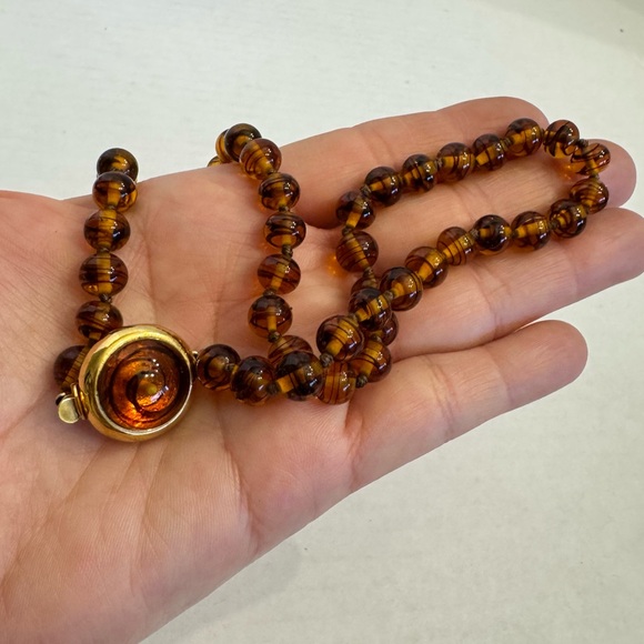 Faux Tortoise Shell Amber Vintage Glass Beaded Necklace Large Box Cabochon Clasp - Picture 15 of 16